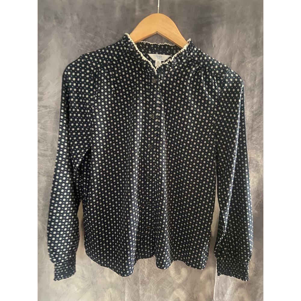 Time and Tru Navy Blue Geometric Print Ruffle Neck‎ Blouse NWT XS 0-2